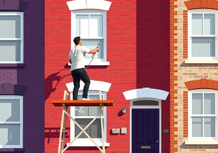 Peintre sur échafaudage traitant la façade d'une maison